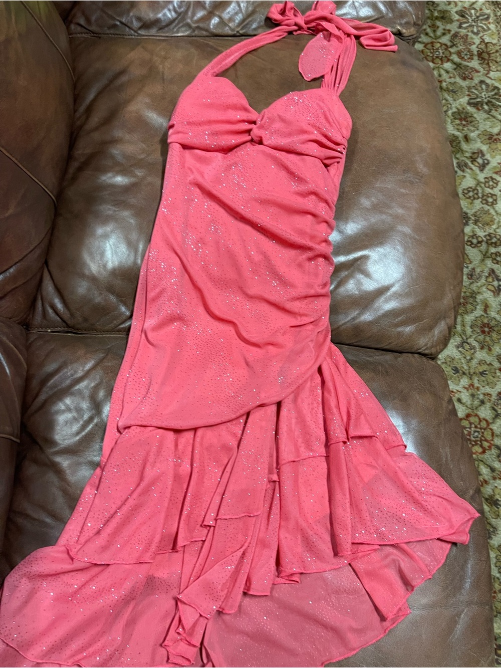 Strapless Coral Ruched Evening Dress with Sparkle - Picture 4 of 4